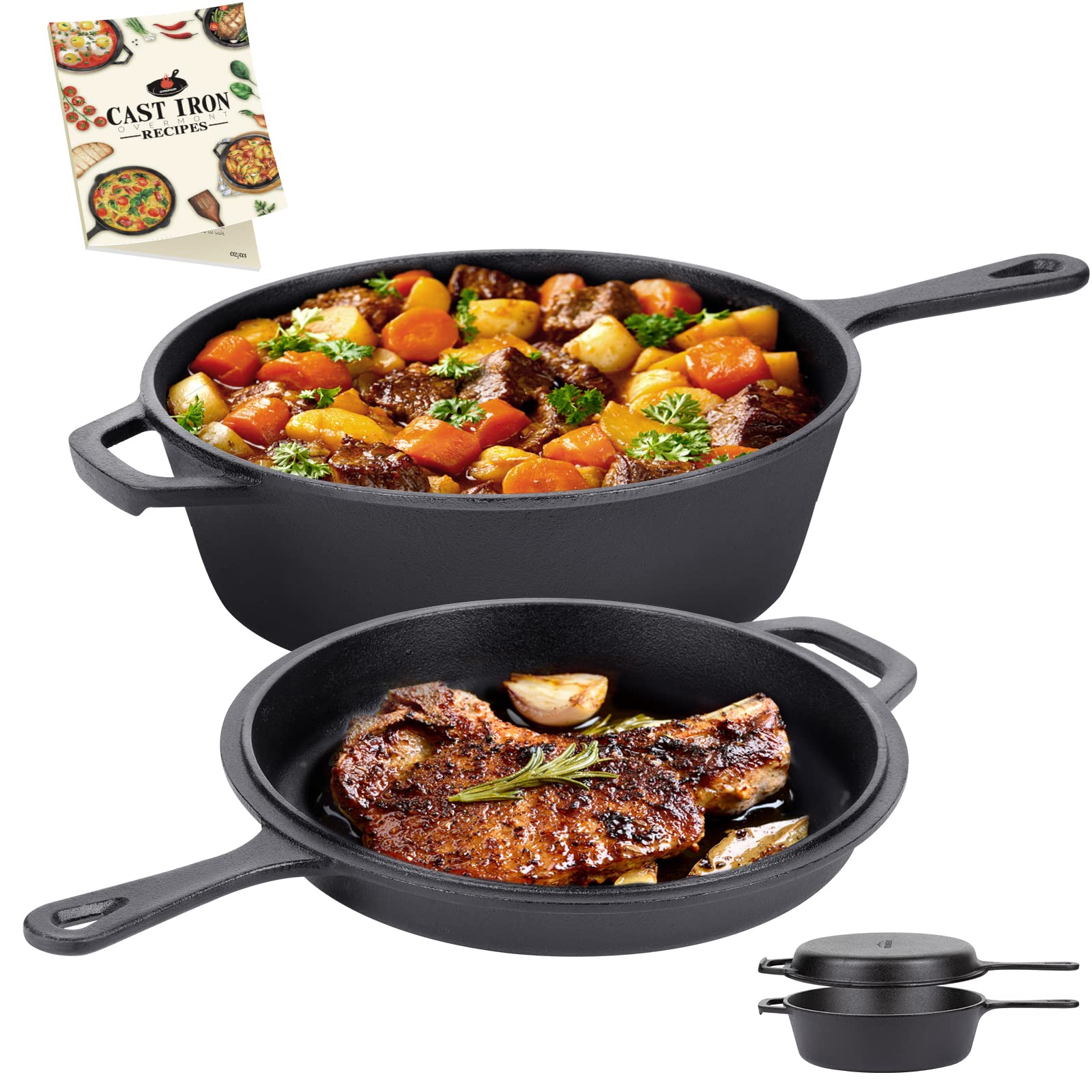 Overmont OV009 2-in-1 Cast Iron Dutch Oven Pot with Pan Lid 3I Cast Iron Pot + 1.4I Pan Lid Ready to Use with Long Handle for Kitchen Camping Garden BBQ Baking