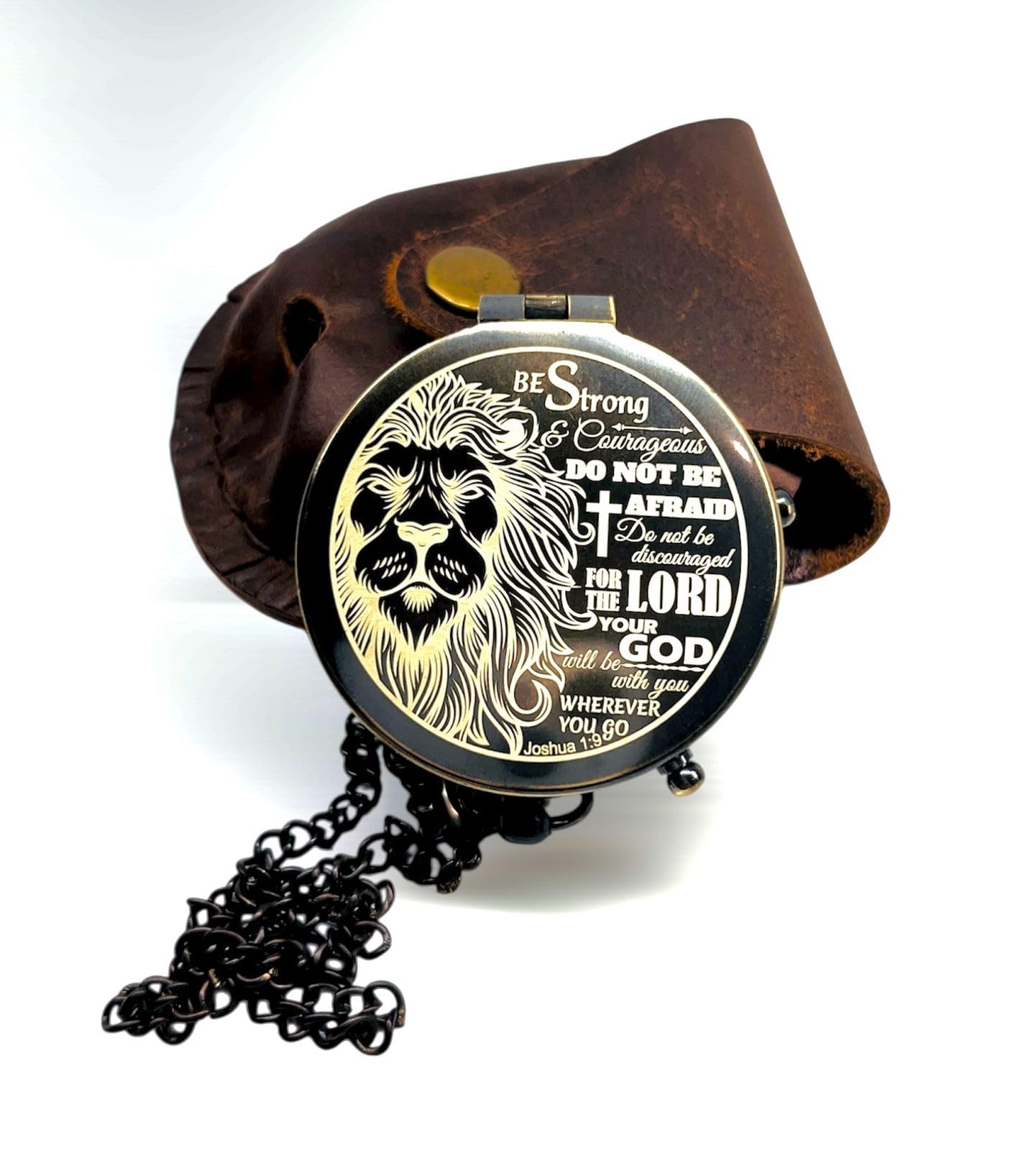Be Strong and Courageous Antique Nautical Compass, Scripture Quote Engraved, Leather Box Gift