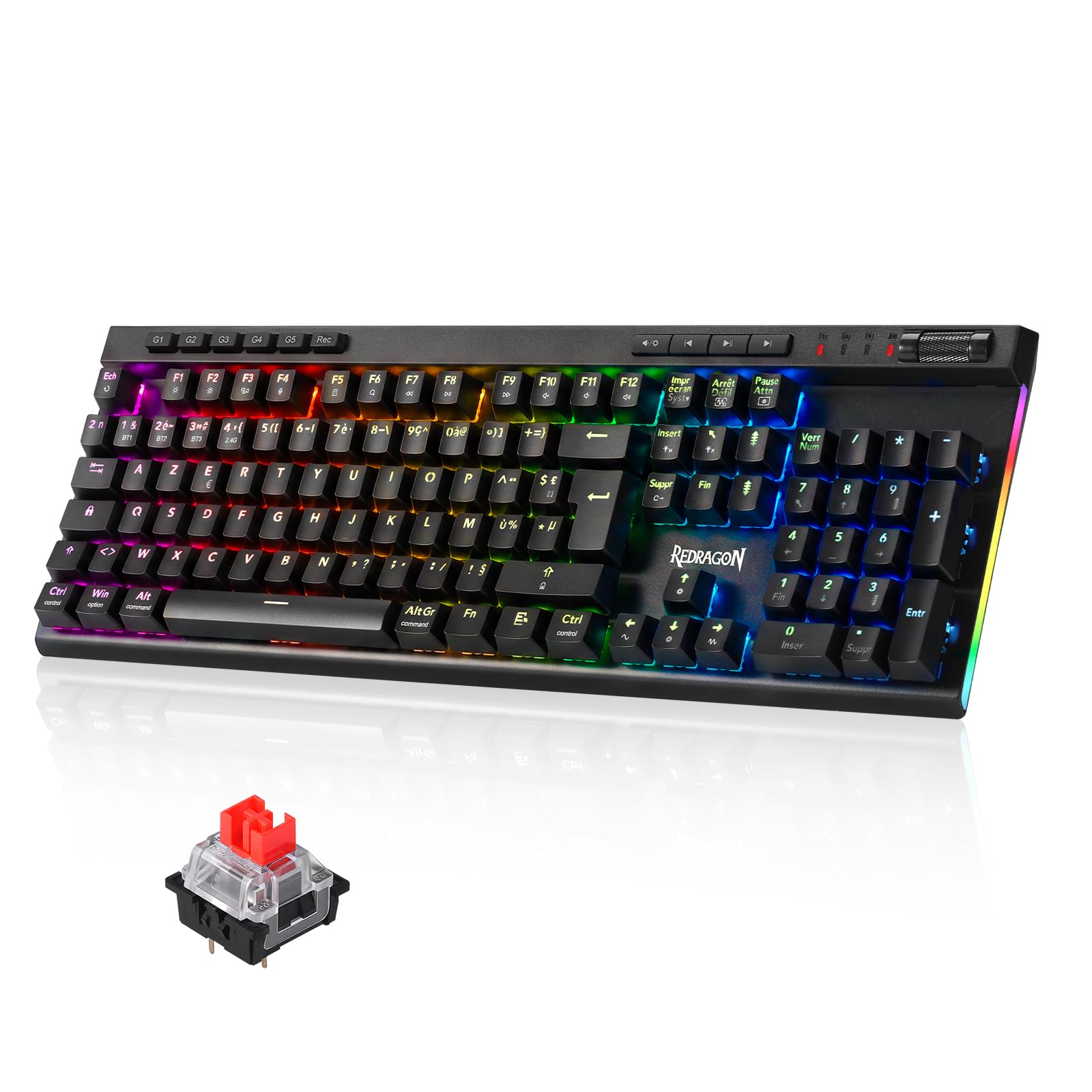 Redragon K580 Pro Clavier Mécanique sans Fil 3 Modes AZERTY RGB Hot Swap | Commandes Multimédias Dédiées Macro Embarquée Switchs Rouges Linéaires 104 Touches Anti Ghosting