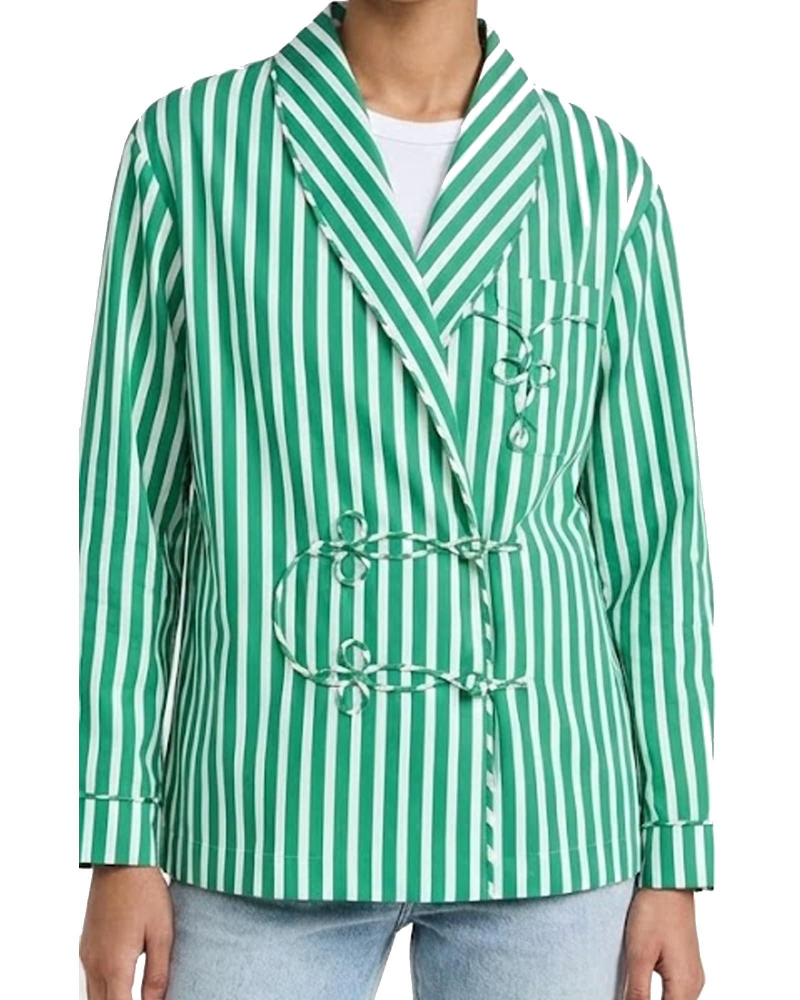 Womens Green White Striped Blazer Casual Polyester Jacket with Shawl Collar Handmade Printed Tie Closure