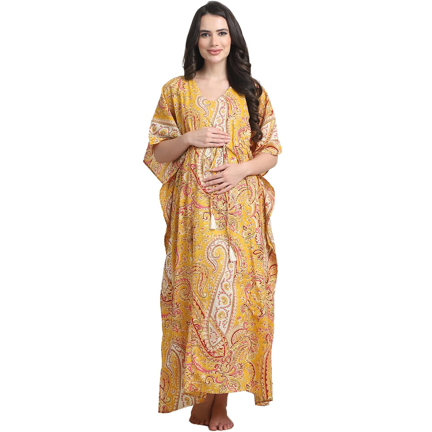 Printed Cotton Maternity Kaftan Full Length/Nighty/Free Size/Feeding/Nursing/Zipper/Drawstring