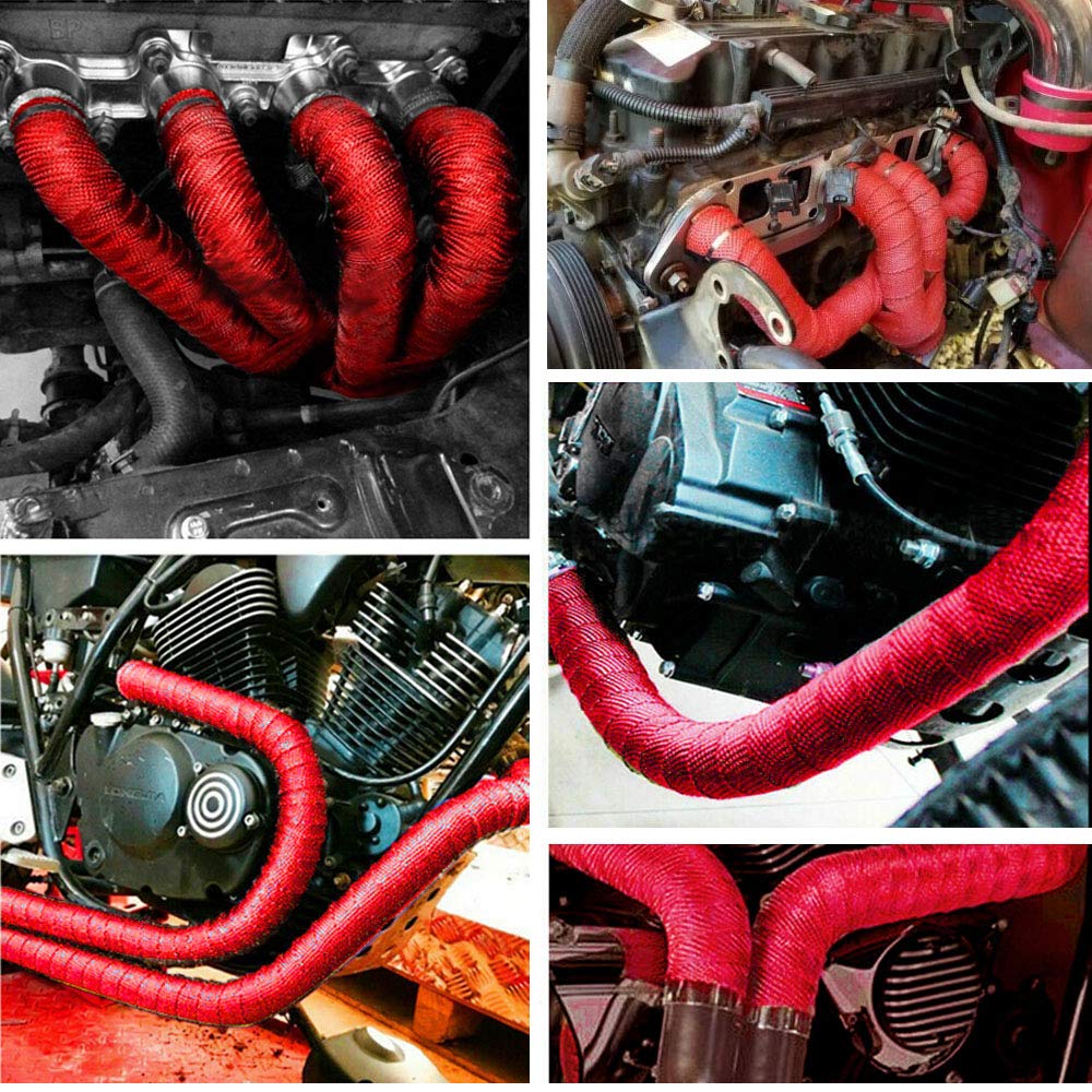 5CM X 10M Nastro Termico Isolante Rosso Benda Termica Scarico Fibra Vetro Tubo Calore Scarico Protezione Moto con 6 Fascette Acciaio Inossidabile
