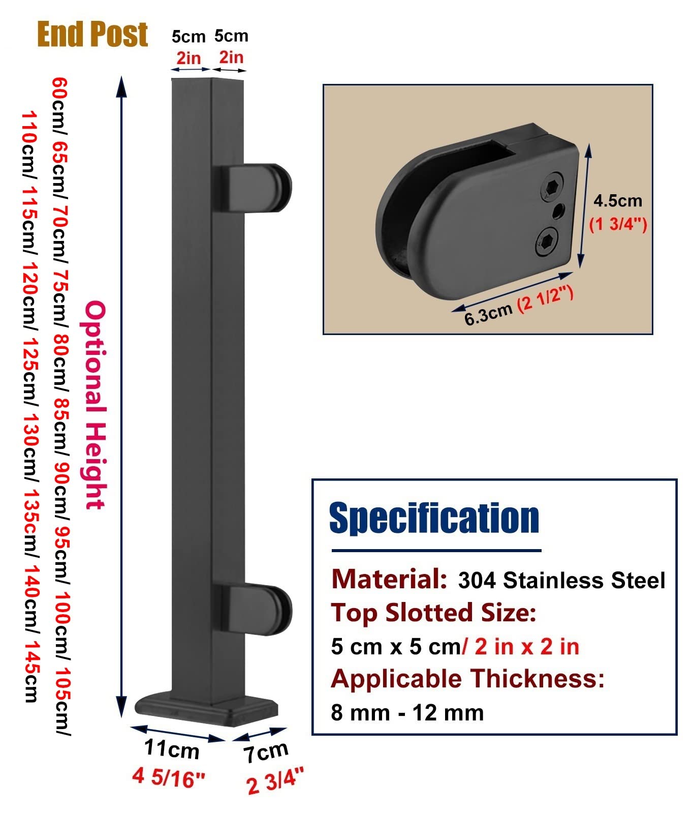 Ringhiere Kit di pali per balaustre in vetro quadrato, palo per ringhiera per balcone/bancone, palo per recinzione, corrimano, sistema di collegamento per balaustre con kit completi (palo terminale H