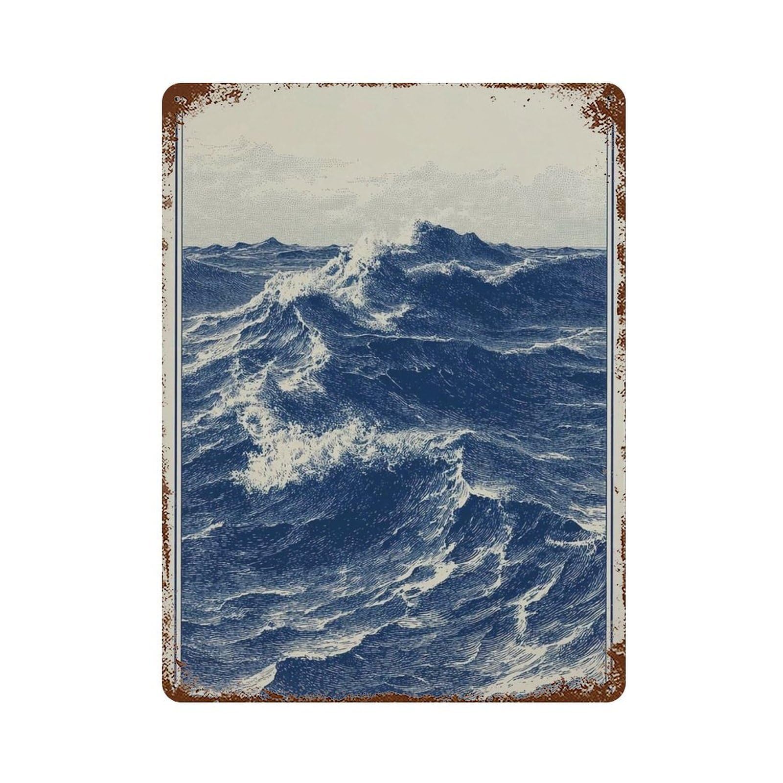 xiaoxiaoshen Japanese Ocean Waves Blue Woodblock Style – Seascape Nautical Or Zen Wall Decor Art Metal Tin Poster Modern Home Decor Art Home Bar Shop Decorations Vintage Sign 40x30cm