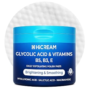 Hicream Glycolic Acid Exfoliating Pads Dual-Textured Facial Toner for Pore Care Skin Radiance Deep Cleansing Peel with Niacinamide