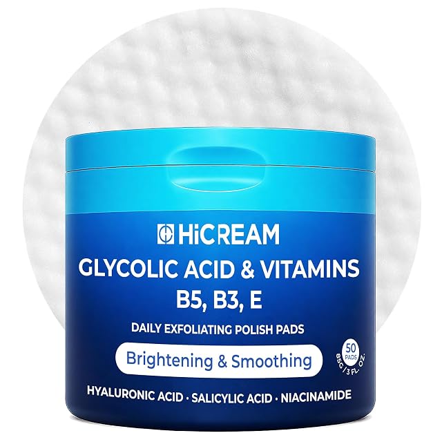Hicream Glycolic Acid Exfoliating Pads Dual-Textured Facial Toner for Pore Care Skin Radiance Deep Cleansing Peel with Niacinamide