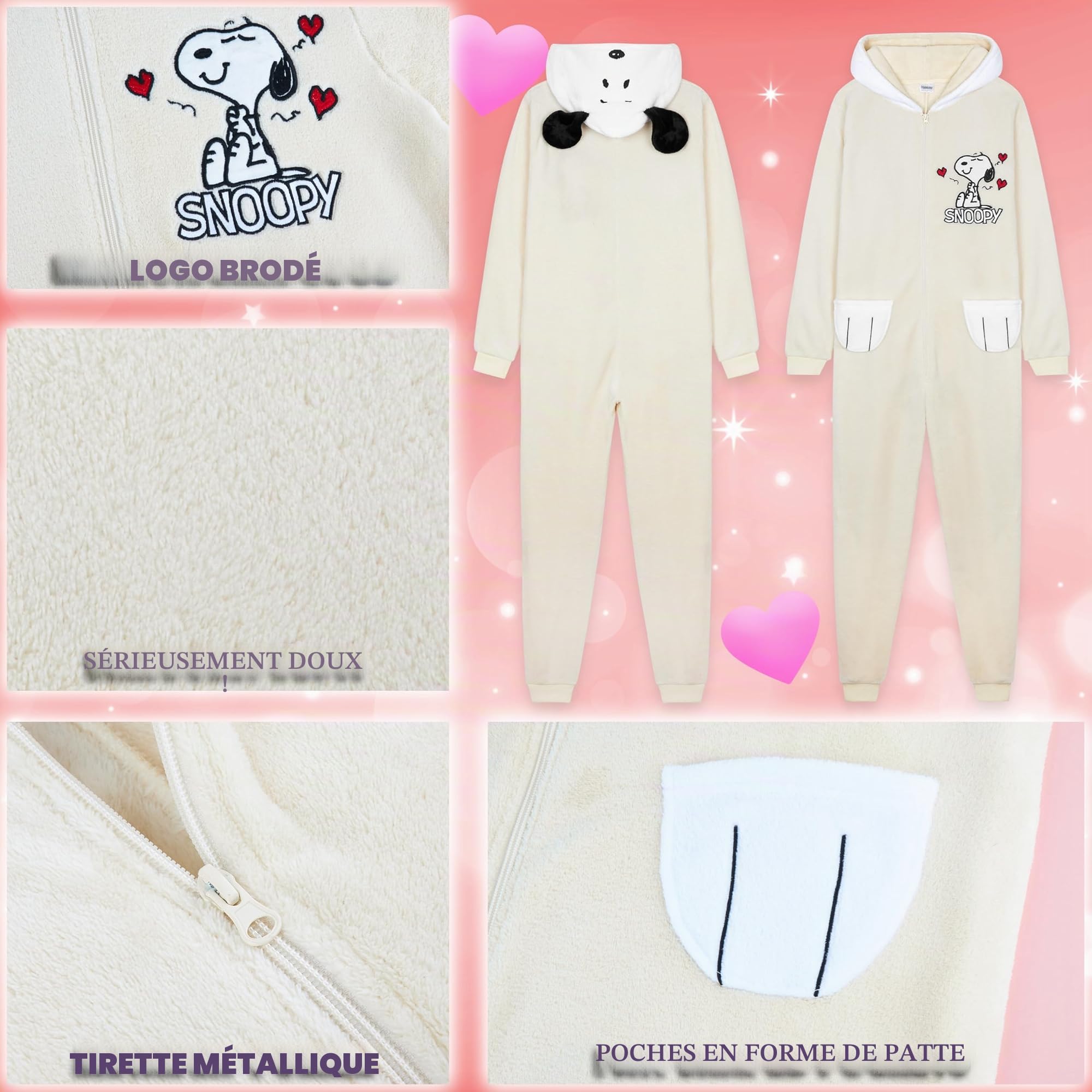 Peanuts Snoopy Pyjama Femme Combinaison Polaire Douce Hiver Chaud, Grenouillere Ado Pilou Pilou avec Capuche et Oreilles 3D