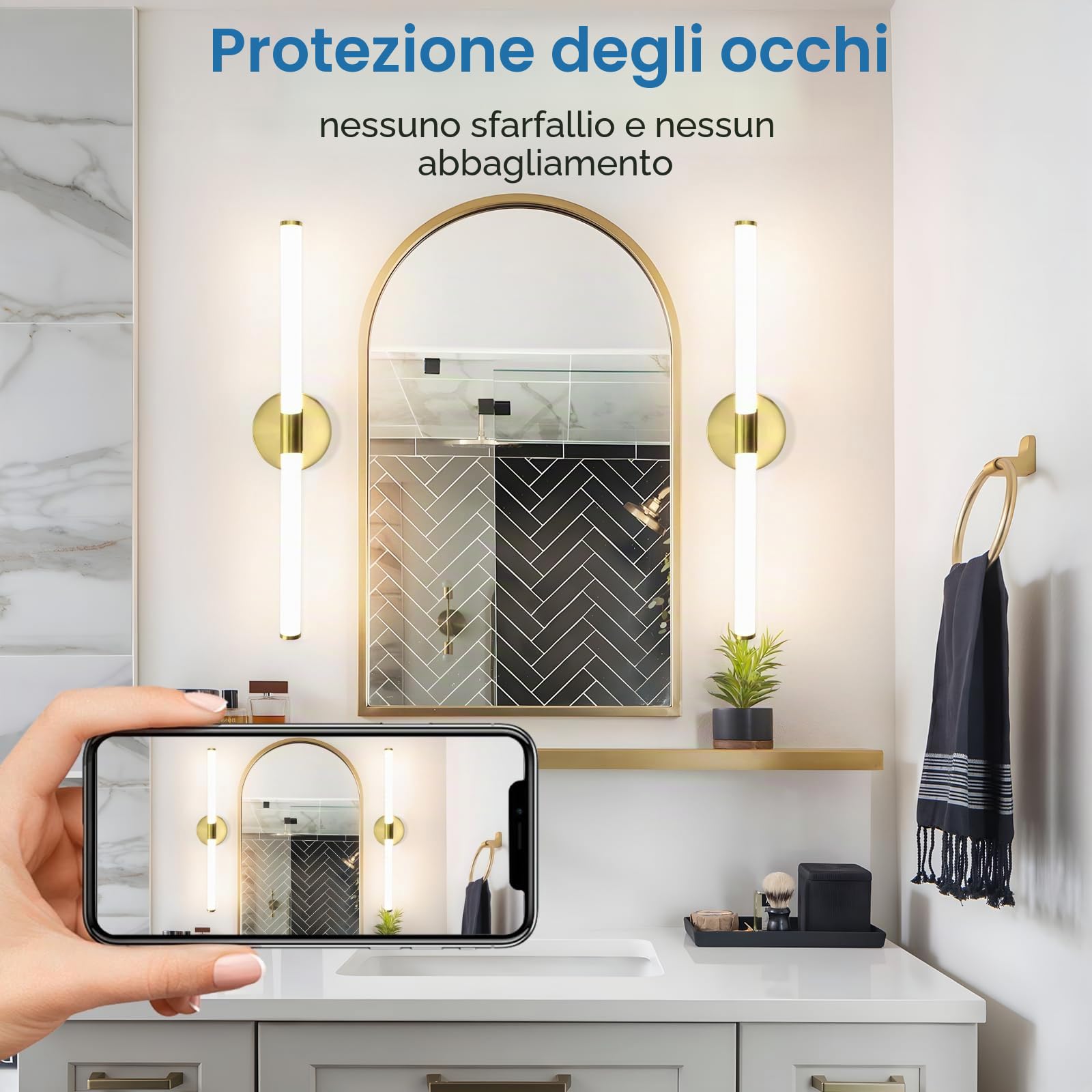 Lampada da parete a specchio a LED per bagno, in oro - 60 cm, 8 W, | 4000 K