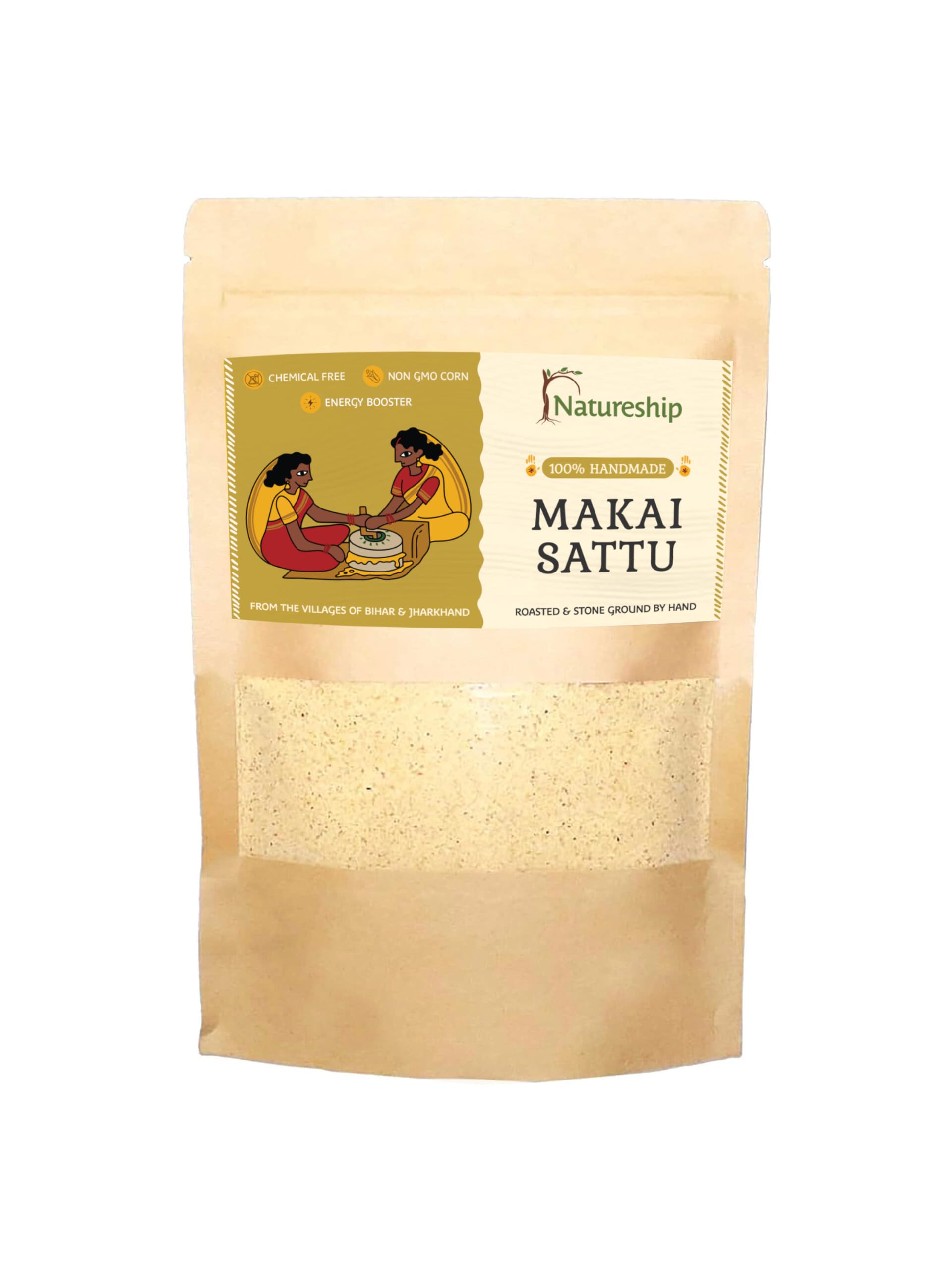 Natureship Makai/Corn Sattu – Handmade Indian Superfood | Roasted and Stone-Ground by Hand (45–60 Rotations/Hour) | Non GMO Corn | Energy Booster | Perfect for Healthy Drinks, Parathas & Snacks | From Bihar & Jharkhand | 250g
