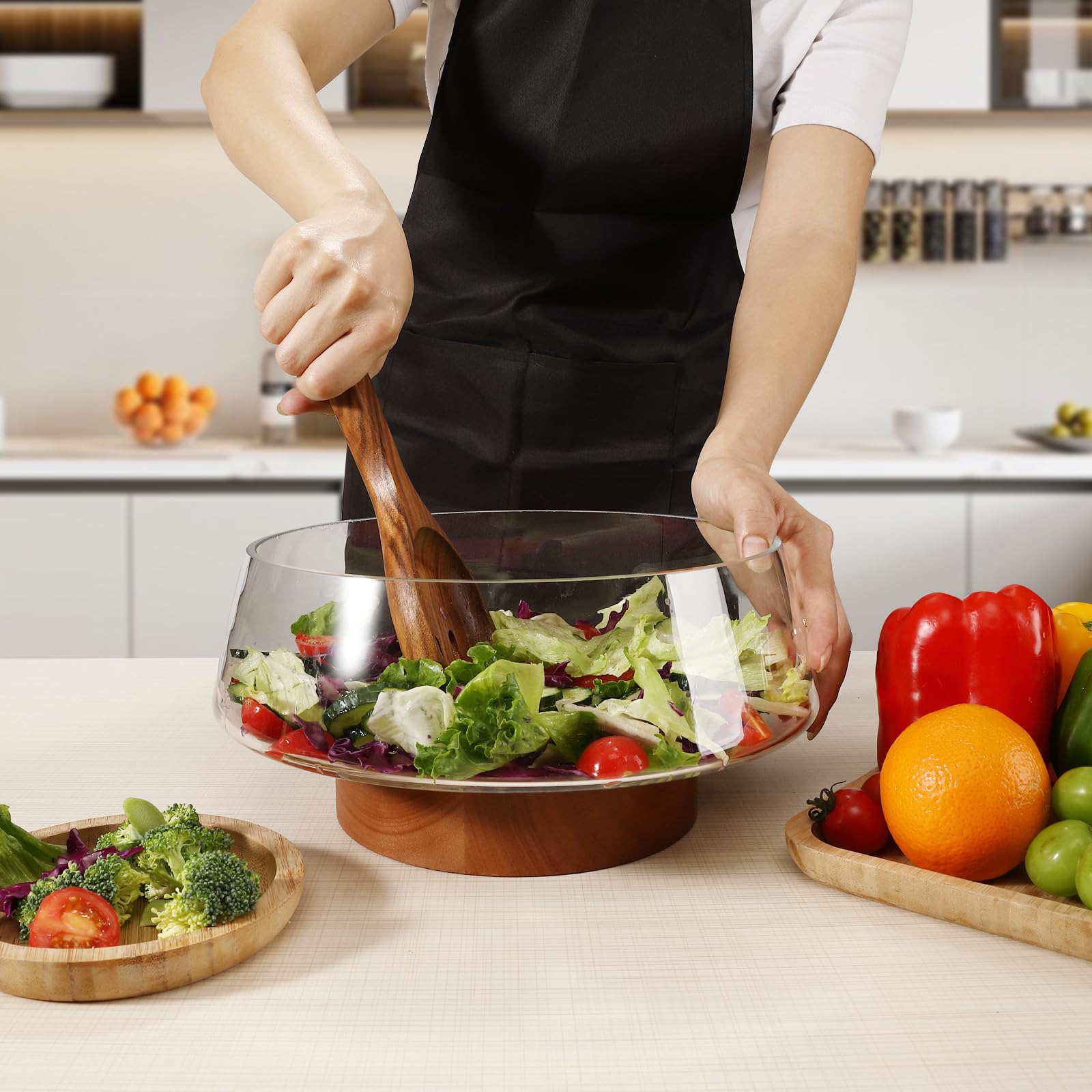 Juego de ensaladera de vidrio con servidores de base de madera, cuencos de ensalada soplados a mano extra grandes para la cocina, tazón grande para servir y tazón de vidrio pequeño y tazón 4