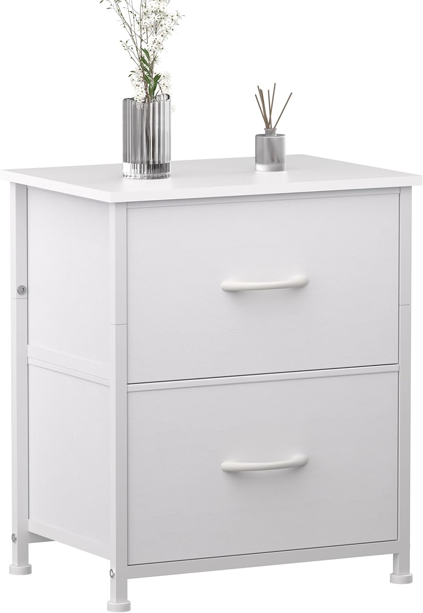 Unionly, Nightstand with Drawer, 2 Drawers Dresser for Bedroom, Small Night Stand and Dressers Sets with 2 Fabric Drawers, Mini Dressers for Entryway, End Table with Drawer for Living Room, White