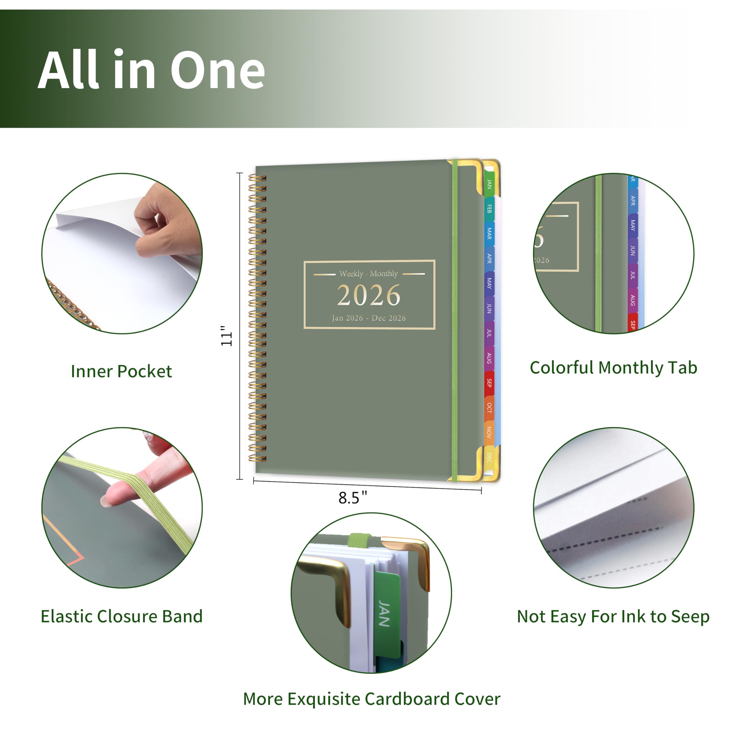 Planner -2026, Hardcover Weekly & Monthly Calendar Planner, January 2026 - December 2026, 8.5" x 11", Daily Agenda Book with Colorful Tabs, College Organizer Notebook, School & Work Supplies for Student Teacher Classroom