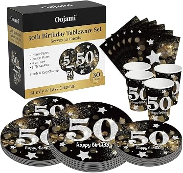 Oojami 50th Birthday Party Supplies Set Serves 30, Includes 9" Dinner Plates, 7" Dessert Plates, 12 oz Cups, 3-Ply Napkins Disposable Tableware for Happy 50th Birthday Decorations, Black & Gold