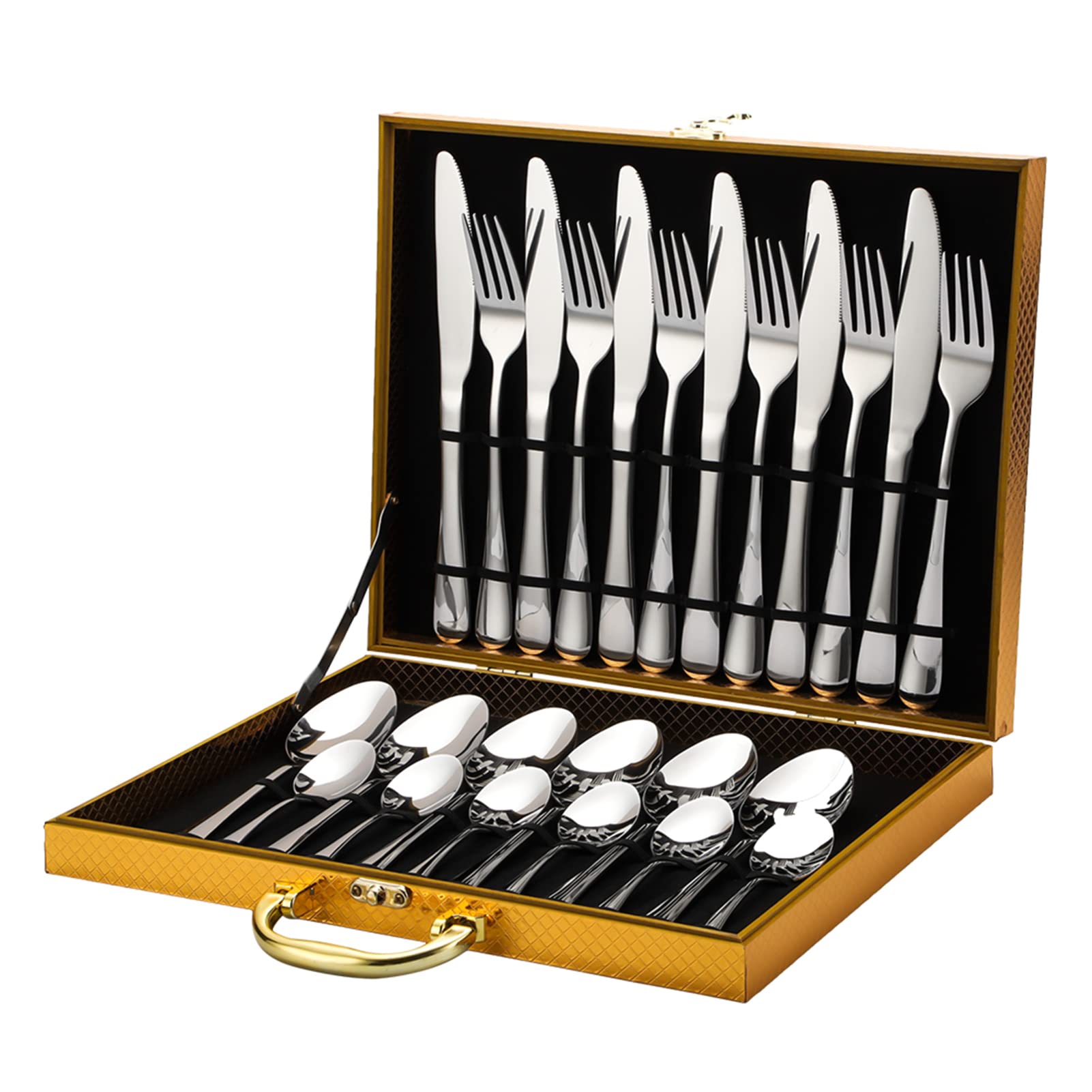 Wakects Juego de Cubiertos, Juegos de Vajilla de Acero Inoxidable, Cubiertos con Acabado de Espejo en Estuche de Madera, Juego de Vajilla para Fiesta, para Cocina Casera, Restaurante,