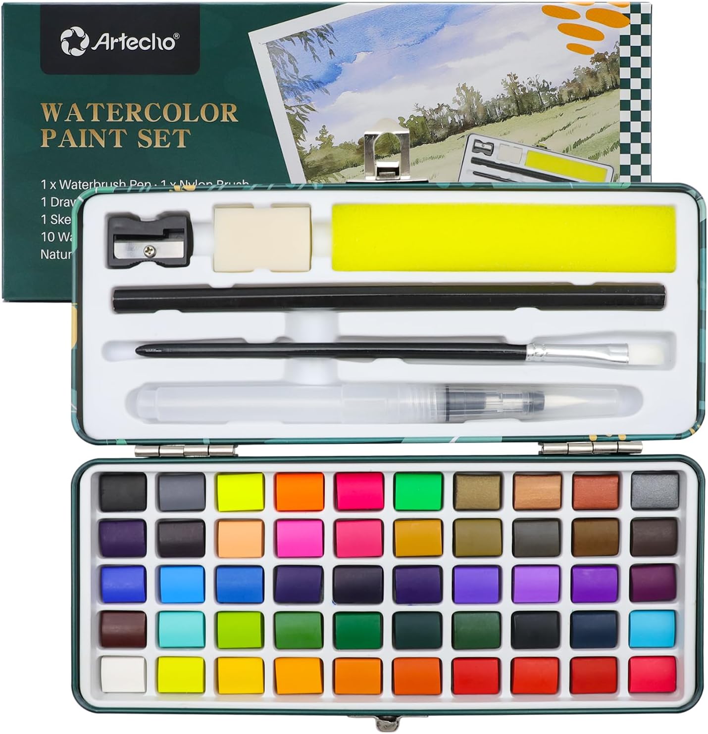 Artecho Watercolor Paint Set 50 Colors in Portable Box Including 4