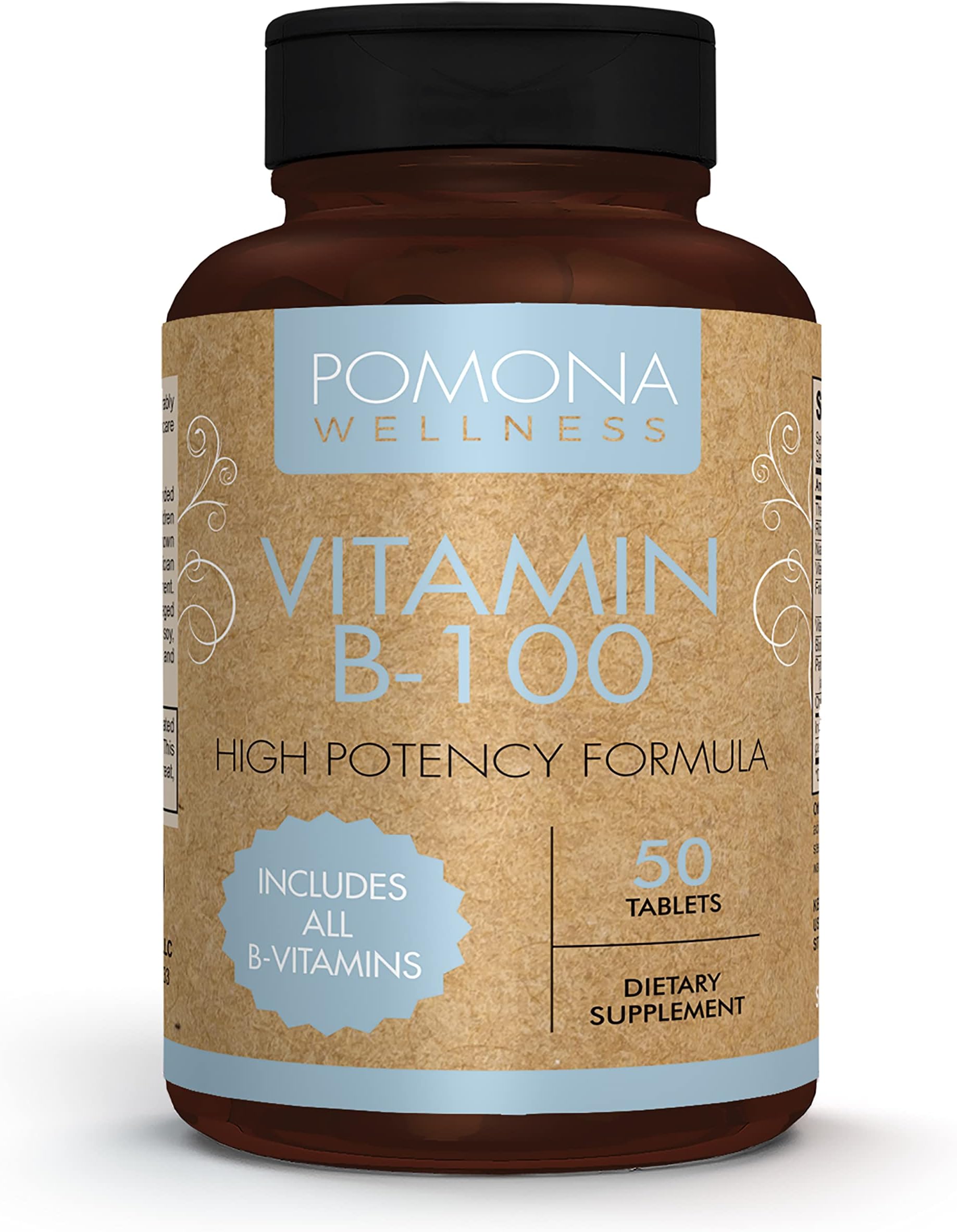 Pomona Wellness Vitamin B Complex Supplement with Folic Acid, High Potency Multivitamin, All 10 B Vitamins Including B12, Supports Energy Levels, Heart Health, Non-GMO, 50 Tablets