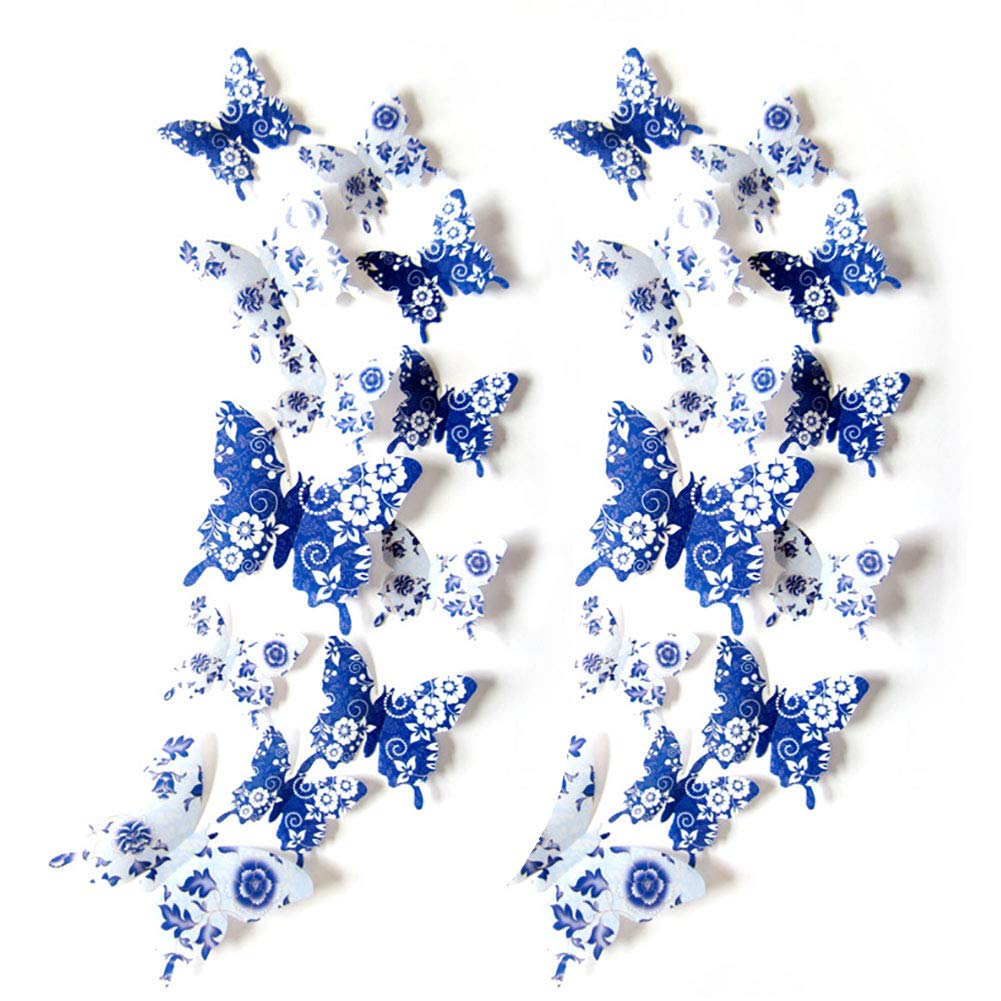 JYPHM 24PCS 3D Butterfly Wall Decal Removable Stickers Decor for Kids Room Decoration Home and Bedroom Art Mural Blue and White