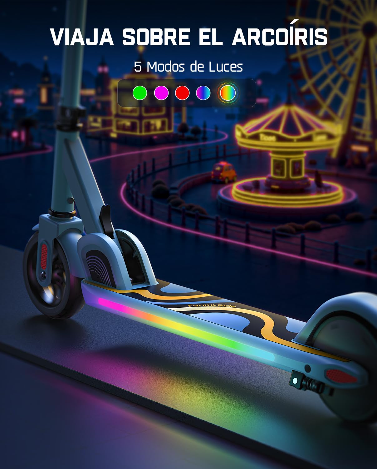 FanttikRide C9 Pro Patinete Eléctrico Niño 1,2-1,6 m, Luces Arcoíris, Velocidades 8/13/16 km/h, Alcance 8 km, Pantalla LED, Altura Ajustable, Plegable, Máxima de Carga 60 kg