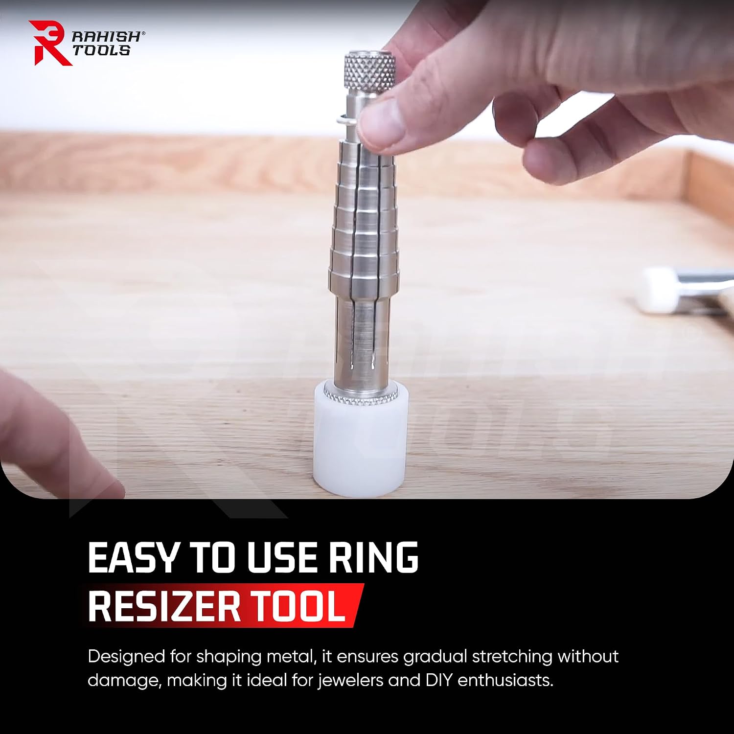RAHISH TOOLS Ring Stretcher with Mandrel & Nylon Base - Professional Jewelry Ring Sizer Tool, Band Resizer for Silver & Gold, Ring Expander & Sizing Kit - 6-1/2 Inches Stainless Steel Ring Enlarger