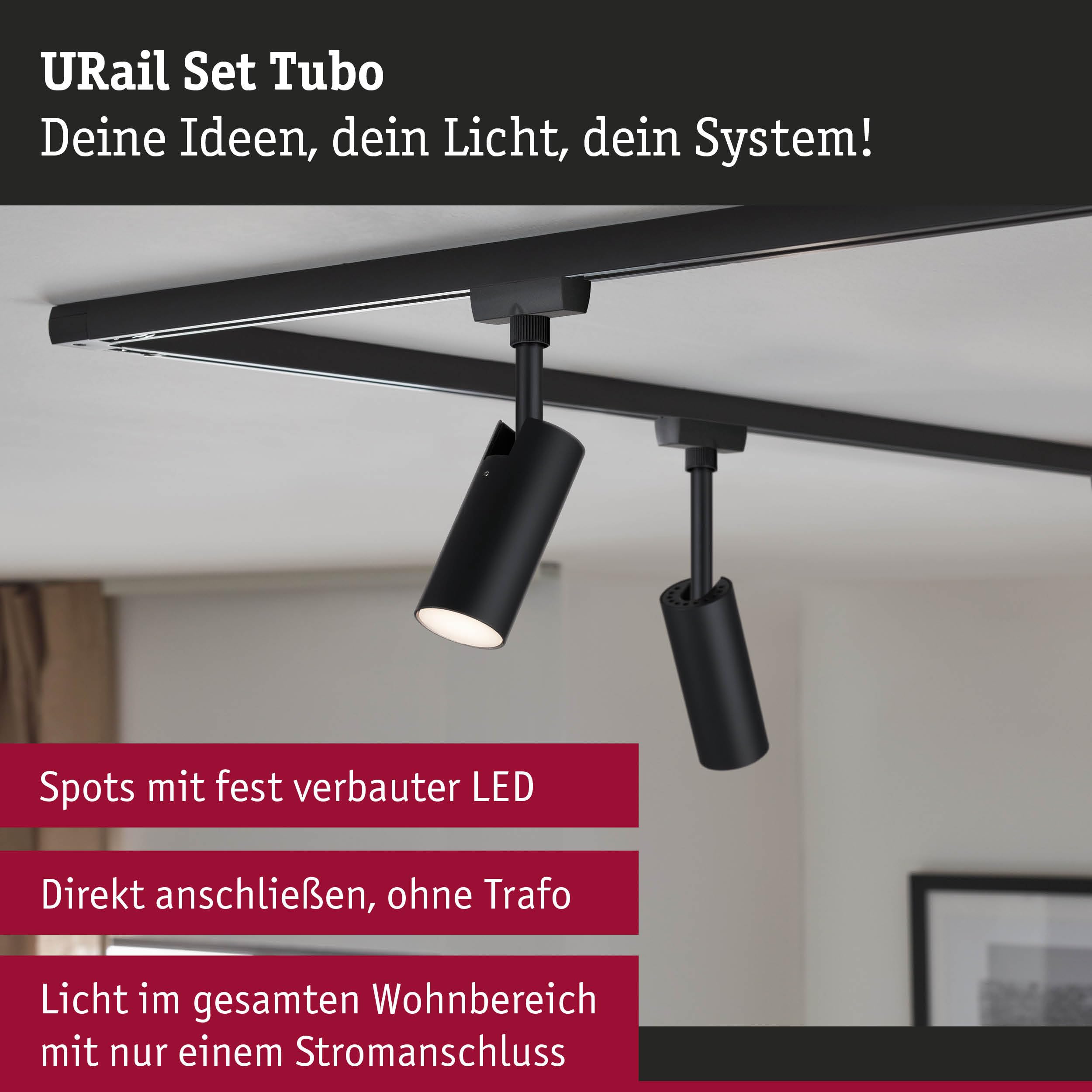Paulmann 5227 URail LED Schienenspot Tubo Starterset 3x166lm 3x4,5W 3000K 230V Schwarz matt