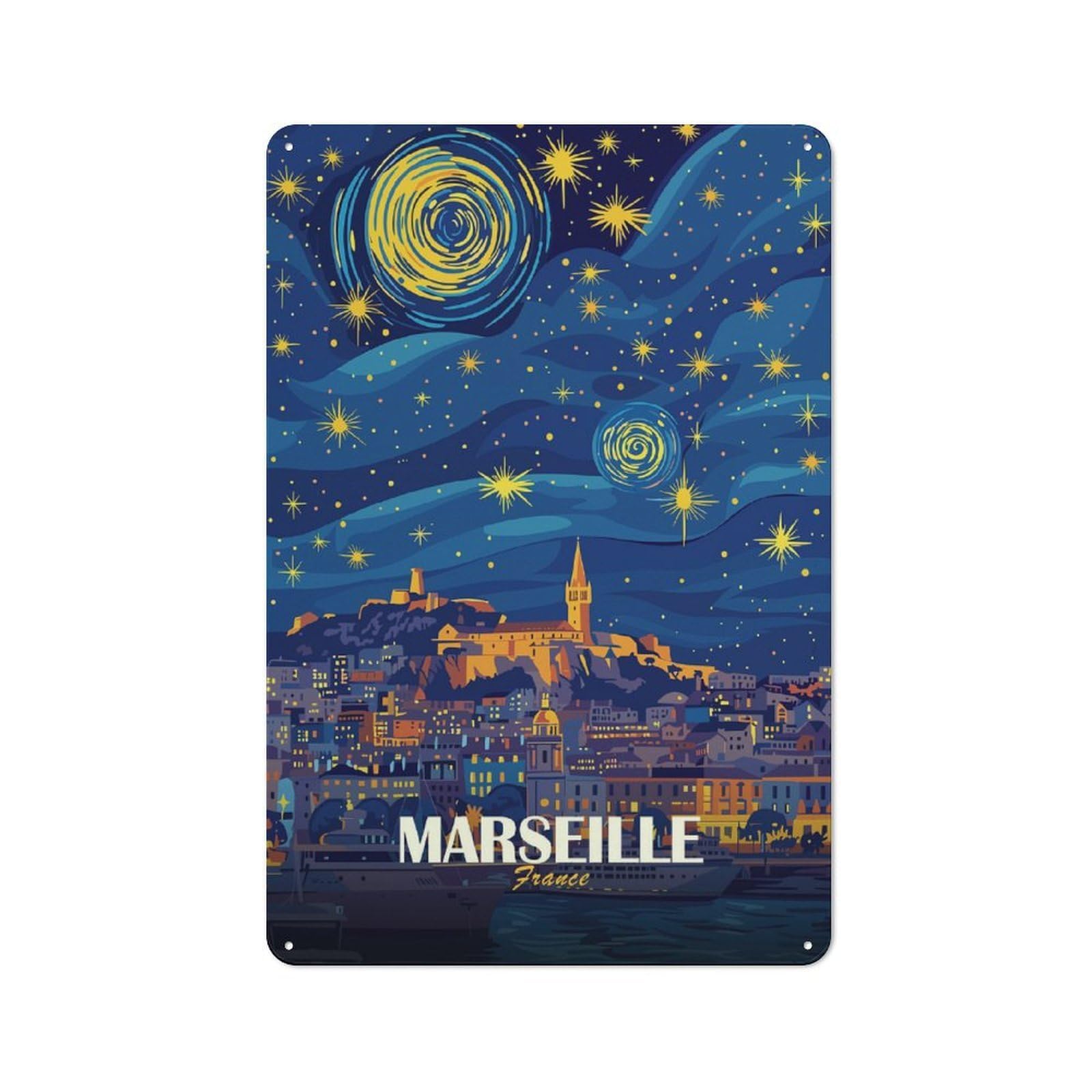 Junmoney Style-20 Smart Marseille France Nightscape Art Office Metal Sign 30X20cm, Creative Space Decor For Home Office, Reading Corner Or Bedroom