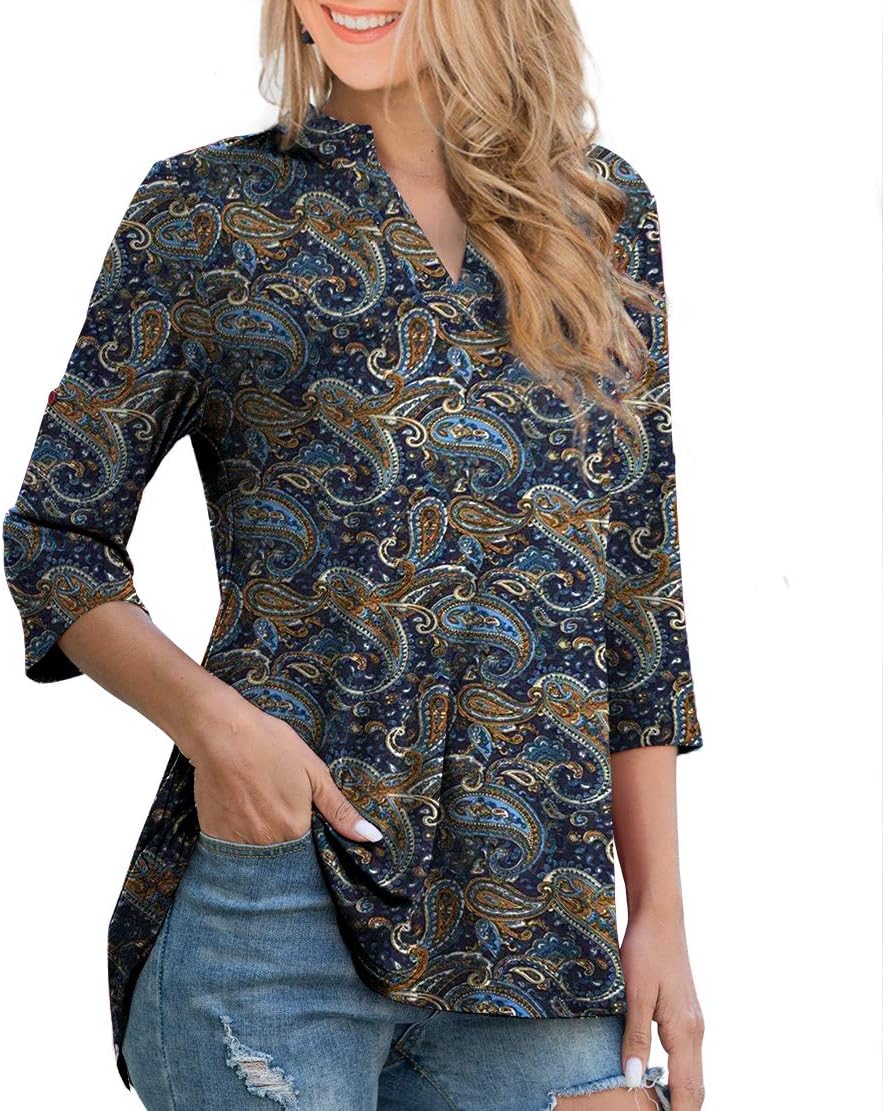 Othyroce Womens Floral Printed Tunic Tops 3/4 Roll Sleeve V Neck Blouses Long Sleeve Shirts for Women - Image 2