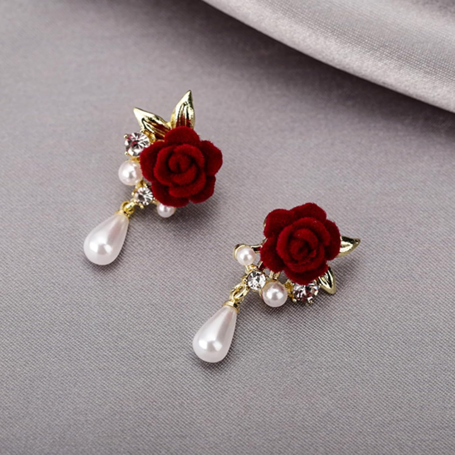 Red Rose Floral Pearl Drop Earrings for Women Retro Vintage Statement Dangle Earrings Elegant Romantic Accessories for Evening Party - Image 7