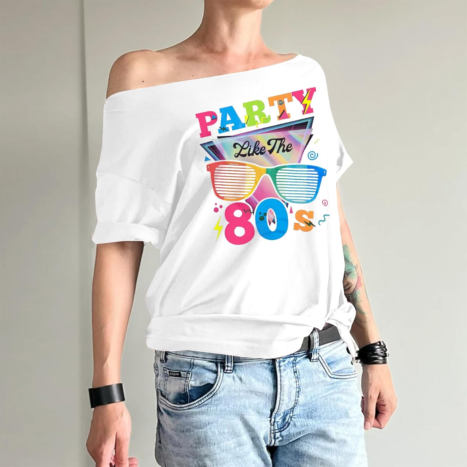 80s Outfit for Women 80's Retro Theme Party Shirts Vintage Disco Outfits 1980s Clothes 90s Neon Off Shoulder Tops - Image 4