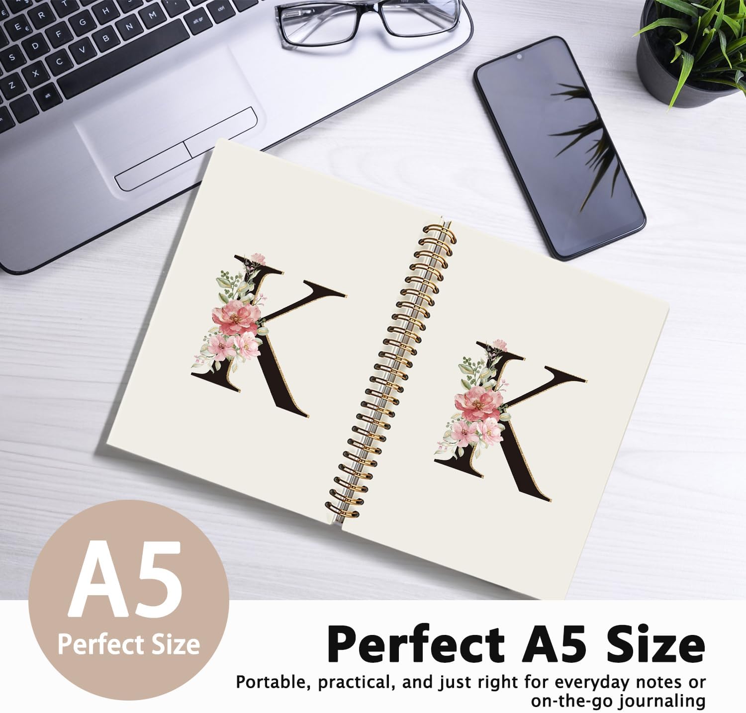 Initial Letter K Notebook, Pink Gold Flower Personalized Monogram Notebook, Pink Floral Monogrammed Journal Gifts for Women, Customized Spiral Notebook, 5.5x8.3 Inch - Image 2