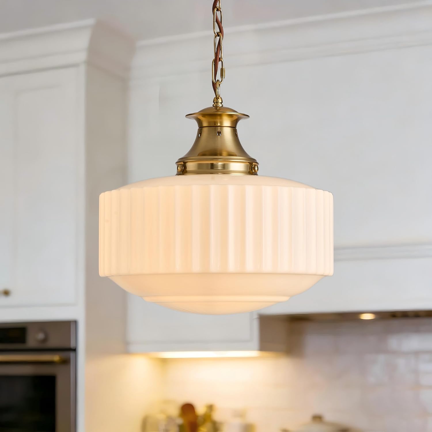 Vintage Brass Milk Glass Pendant Light Fixture, Mid‑Century Modern Chandelier, Antique Schoolhouse Pendant Lights for Kitchen Island, Dining Room, Entryway, Hallway, E26 Base