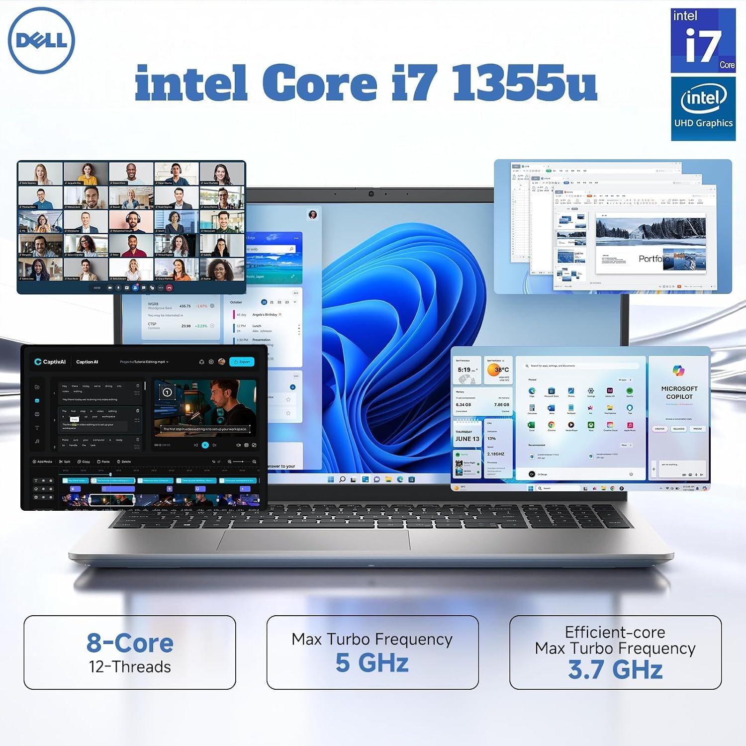 Dell 15 Laptop DC15250, 15.6" FHD 120Hz WVA Display, Intel i7-1355U (up to 5.00 GHz), 16 GB RAM, 512 GB SSD, Copilot-AI, Fingerprint Reader, Windows 11 Pro, Backlit Keyboard, Privacy Camera