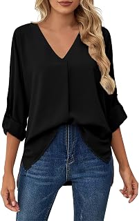 IKFIVQD Womens Long Sleeve Tops Casual Tops Women's Chiffon Blouse Long Sleeve V Neck Pleated Front Summer Casual Work Shirt