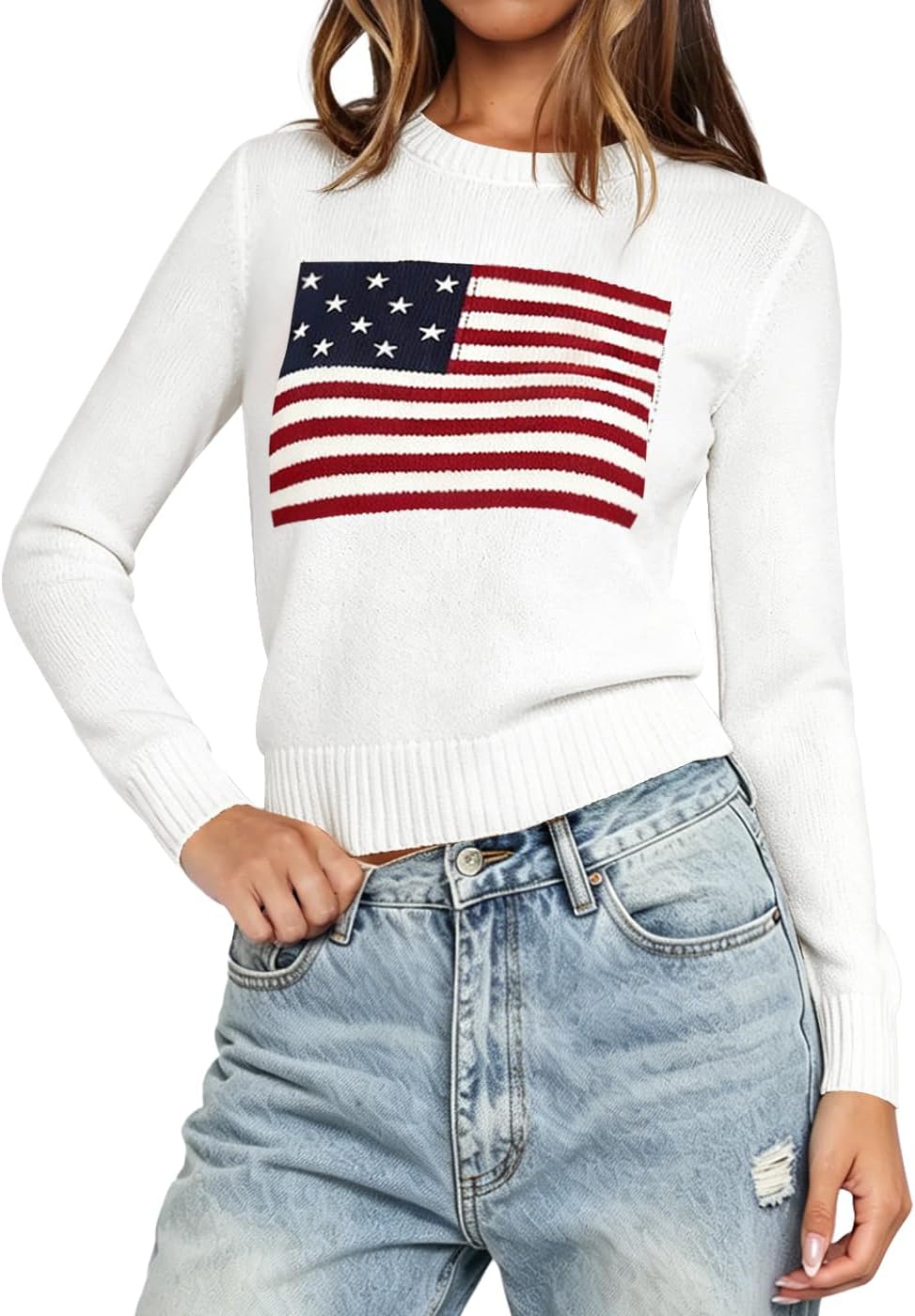 Dressmine Womens Crop American Flag Sweater Long Sleeve Crewneck Sweatshirt