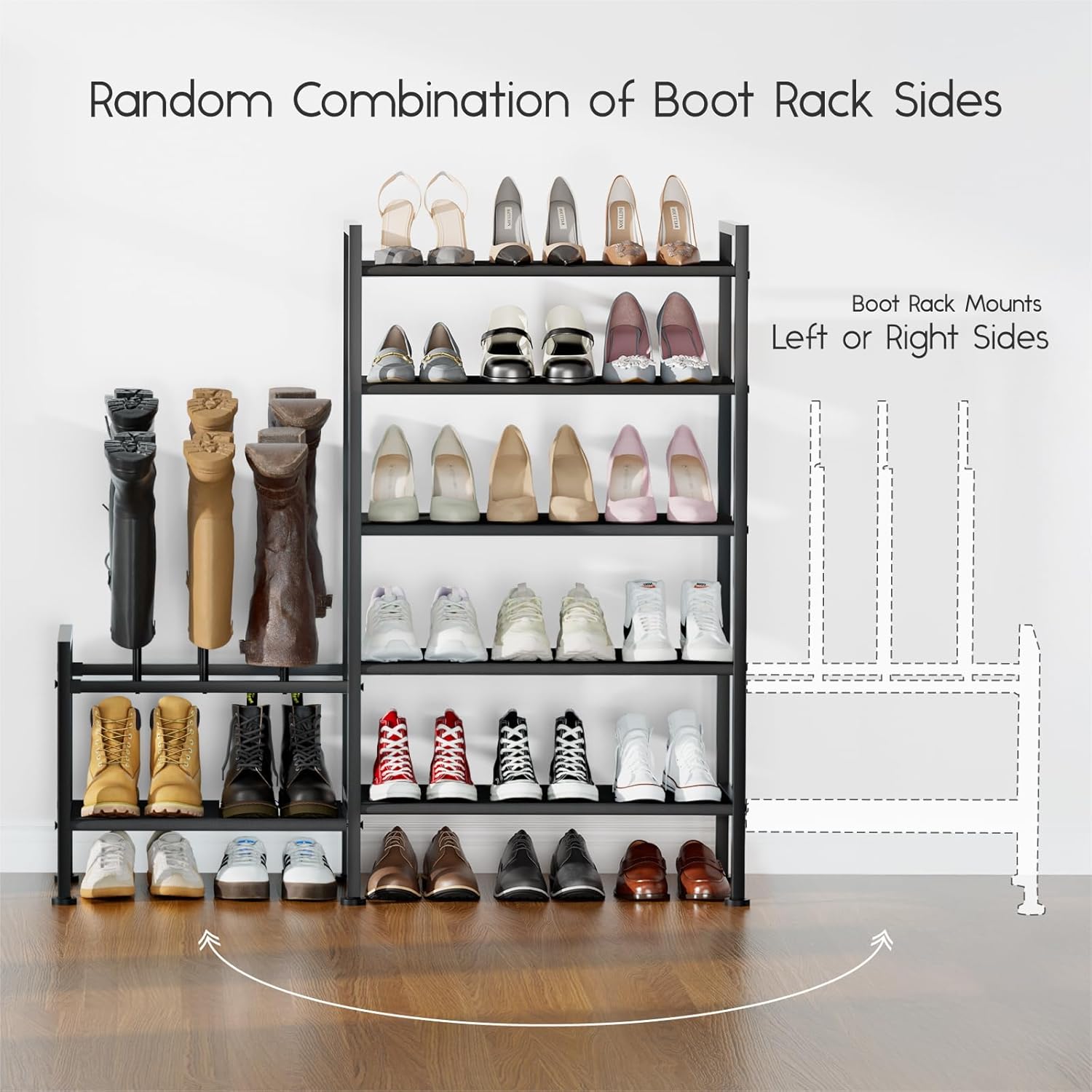 Shoe Rack Organizer and Storage - 5 Tier Metal+Non-Woven Fabric Shoe Rack with Boot Storage & Side Any Combination - Space Saving Shoe Shelf for Entryway, Bedroom, Garage, Small Spaces