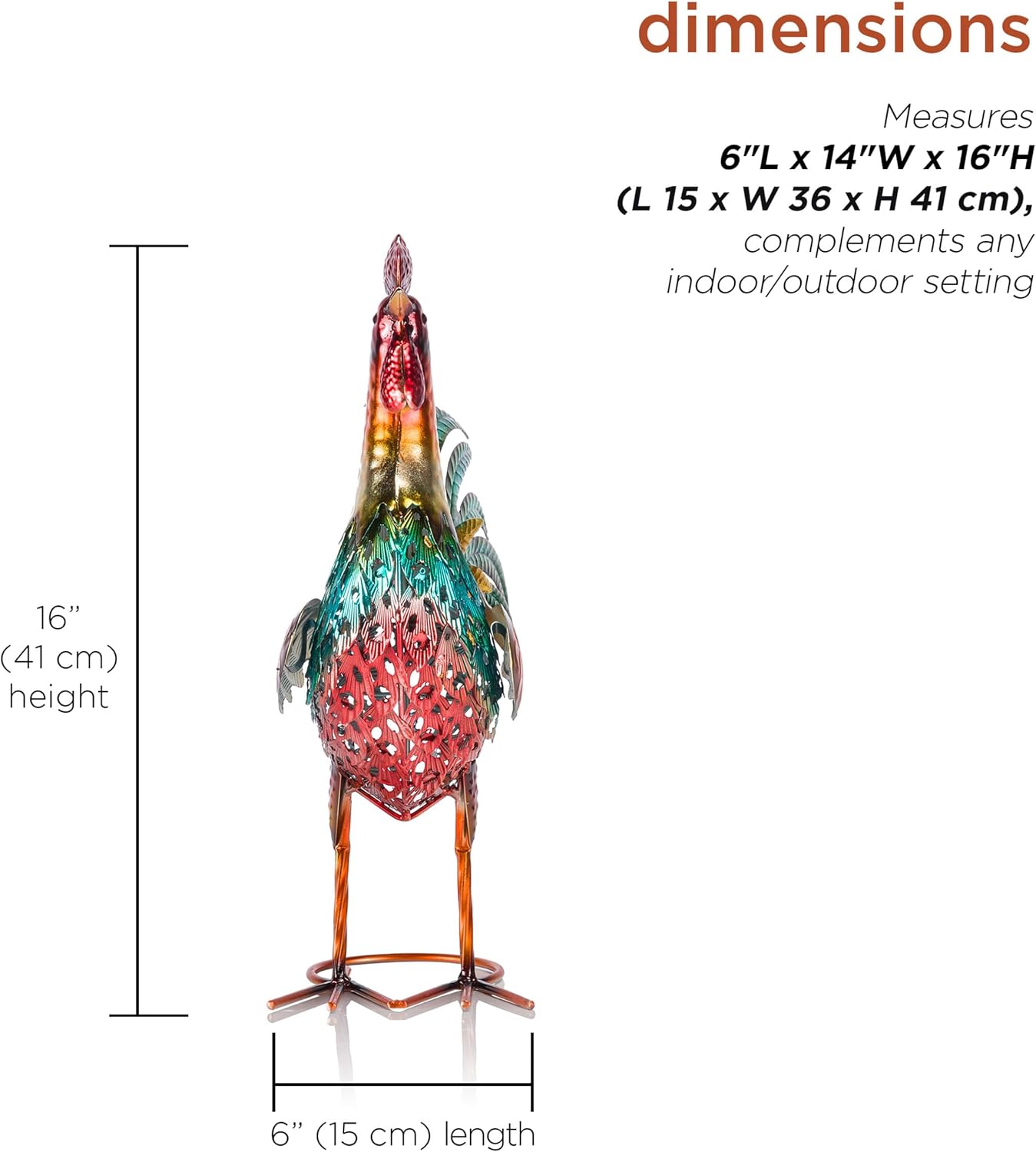 Alpine Corporation 16" Tall Outdoor Metal Standing Rooster Statue with Vibrant Design, Garden Decor, Metallic Red