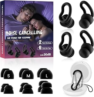 Ear Plugs for Sleeping, 2 Pairs Reusable Ear Plugs for Side Sleepers, 6 Sizes Silicone Ear Tips (Single & Dual Layer) 30dB Noise Reduction for Snoring, Travel & Focus