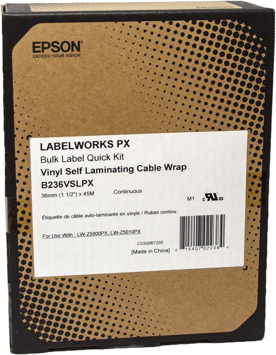 Epson LABELWORKSPX B236VSLPX Genuine Bulk Continuous Self Laminating Overwrap Vinyl Tape - Black on White Flexible and Durable Vinyl Industrial Label Maker Tape - 1.5" (36MM) Wide, 147.6 ft
