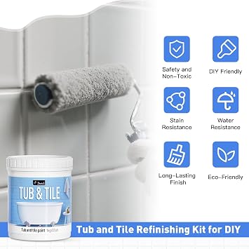 DWIL Tub and Tile Refinishing Kit, Water Based Tile Paint, Quick-Dry Tub Paint Low Odor for Bathroom, Kitchen, Toilets, Semi-Gloss Light Gray, 50-55sq.ft, 33oz