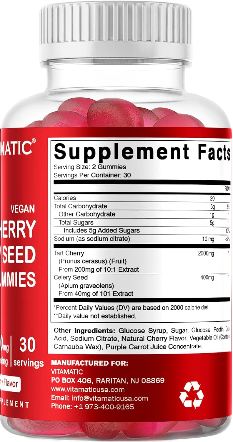 Vitamatic 2 Pack Tart Cherry with Celery Seed Gummies - 2400 mg Serving - Powerful Uric Acid Cleanse for Joint Comfort, Healthy Sleep Cycles & Muscle Recovery