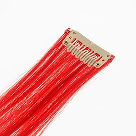 SWACC 12 Pcs Straight One Color Party Highlights Clip on in Hair Extensions Colored Hair Streak Synthetic Hairpieces (Red)
