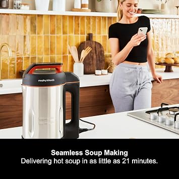 Morphy Richards Soup Maker, 1.6L Dual Programme, Serrator Blade, Easy Clean, Keep Warm, LED Countdown, Add to Function, Detachable Power Cord, Stainless Steel, 501022
