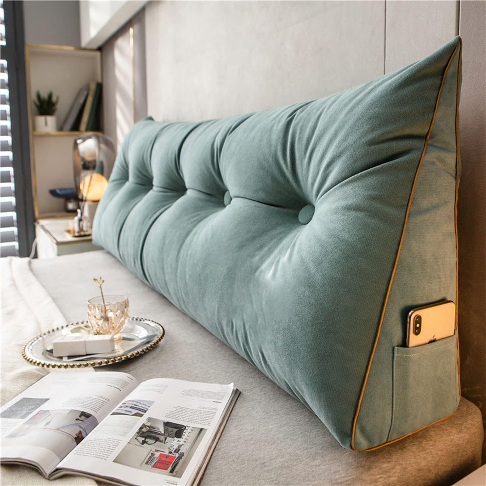 Dmjli-T Verdechiaro Headboards For Beds Lumbar Bed Pillow Reading Backrest Cushion Triangular Wedge Pillow Headboard Reading Backrest Cushion Headboard Bolster Support Pillow,80 × 50 × 20 Cm-Verde Chiaro
