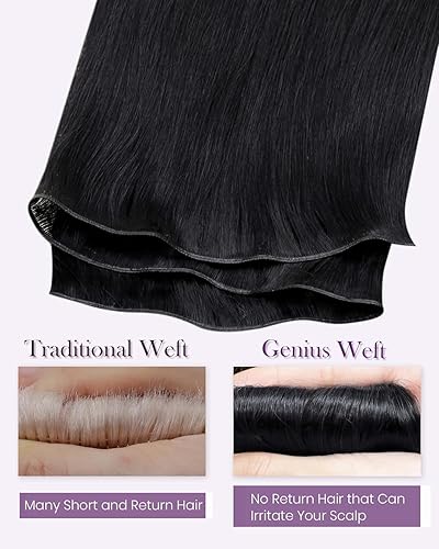 Miniatura 12 de LaaVoo Extensiones de cabello humano real para coser, extensiones de cabello humano de doble trama, color negro azabache, 18 pulgadas, 3.53 onzas