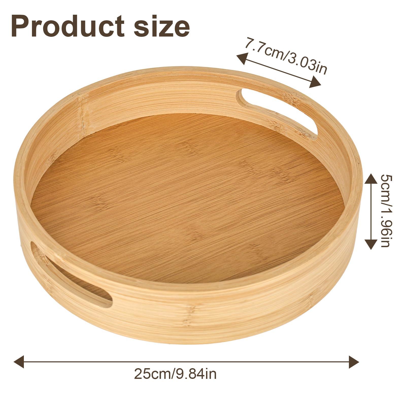 Bambus-Serviertablett, Serviertablett Rund D:25cm, Natur Bambus Tablett Holz Runde mit Griffen＆5cm Erhöhter Rand, Holztablett Rund, Rundes Tablett für Lebensmittel,Tee, Kaffee, Obst, Mahlzeiten