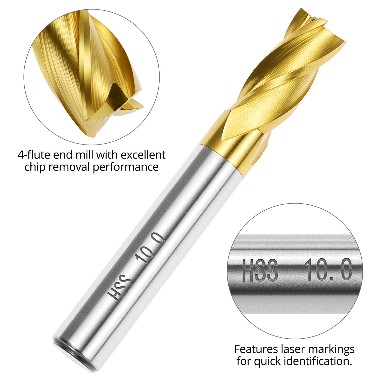 QWORK® Coffret de fraises, 10 pièces, acier rapide revêtu de titane, 2-10 mm – 4 dents, fraises à bout rond pour usinage CNC, métaux, aluminium et bois