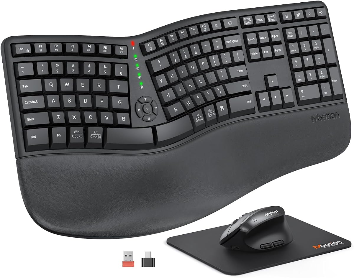 MEETION Ergonomic Keyboard and Mouse Combo, Split Design, Vertical Mouse | Rechargeable full-size keyboard with cushioned wrist rest, 2.4GHz USB receiver, natural typing, for Windows, Mac, PC, laptop