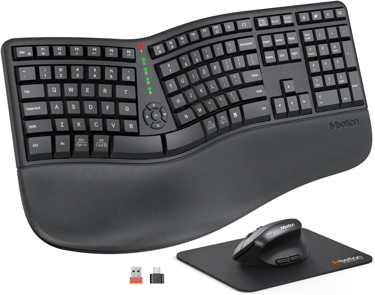 MEETION Ergonomic Keyboard and Mouse, Wireless Keyboard with Vertical Mouse, Split Curved Keyboard with Wrist Rest, Natural Typing USB Receiver Rechargeable Full Size, Windows/Mac/PC/Laptop, Large