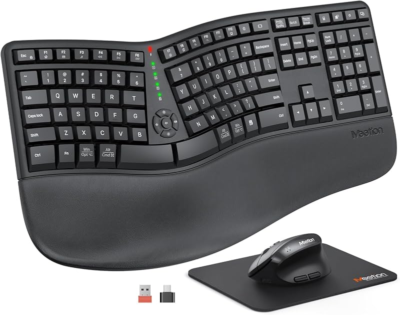 Ergonomic Keyboard and Mouse Combo, Split Design, Vertical Mouse | Rechargeable full-size keyboard with cushioned wrist rest, 2.4GHz USB receiver, natural typing, for Windows, Mac, PC, laptop