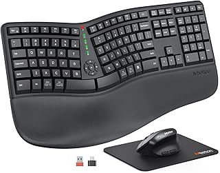 MEETION Ergonomic Wireless Keyboard and Mouse, Ergo Keyboard with Vertical Mouse, Split Arch Keyboard with Cushioned Wrist Palm Rest, Natural Typing Rechargeable Full Size, Windows/Mac/Computer/Laptop | Rechargeable full-size keyboard with cushioned wrist rest, 2.4GHz USB receiver, natural typing, for Windows, Mac, PC, laptop