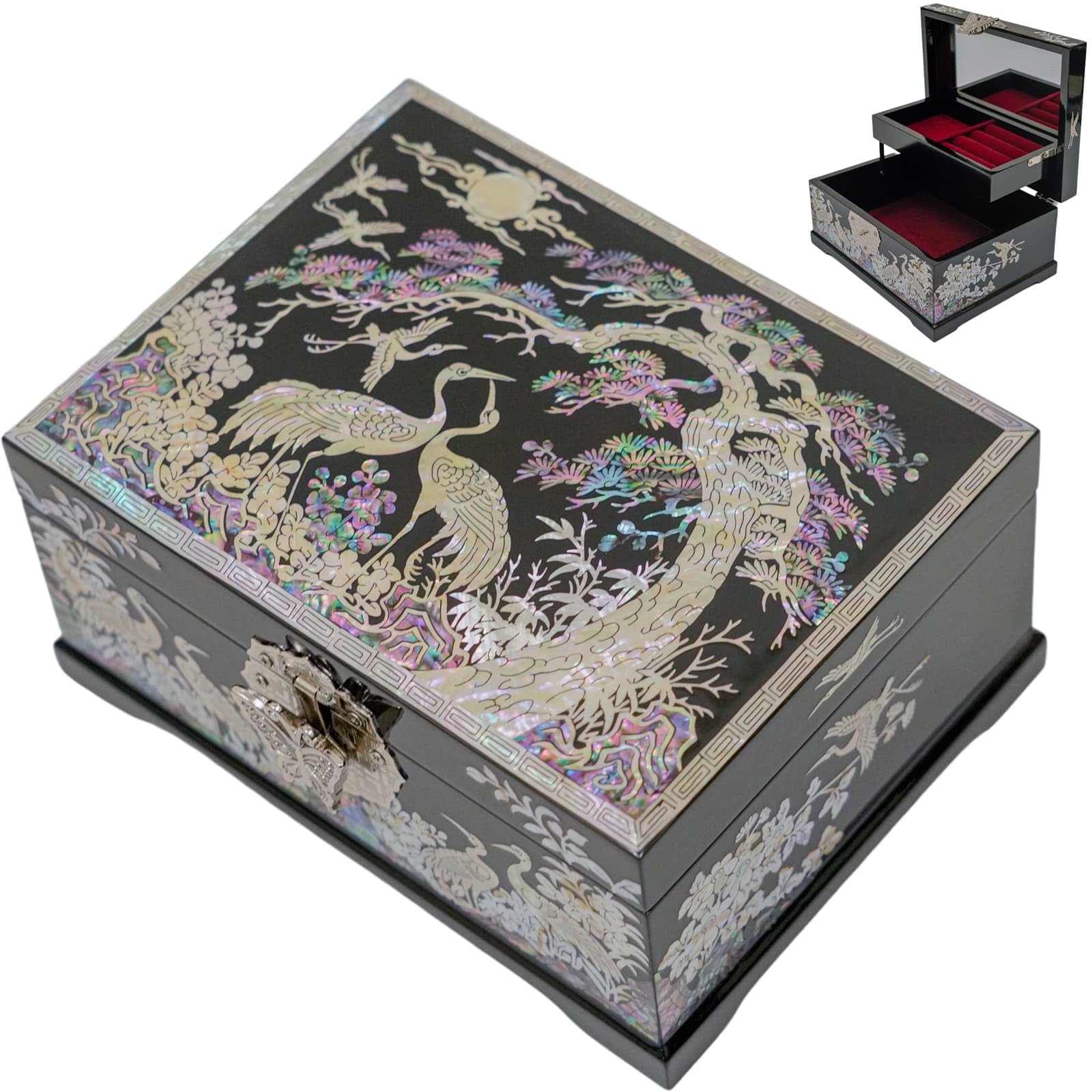 February Mountain Mother-of-Pearl Crane Jewelry Box Two-Layer Velvet Interior | Mirror Lid | Lacquer Finish | Handmade Korean Art | Birthday, Christmas, Valentine’s & Mother’s Day Gift